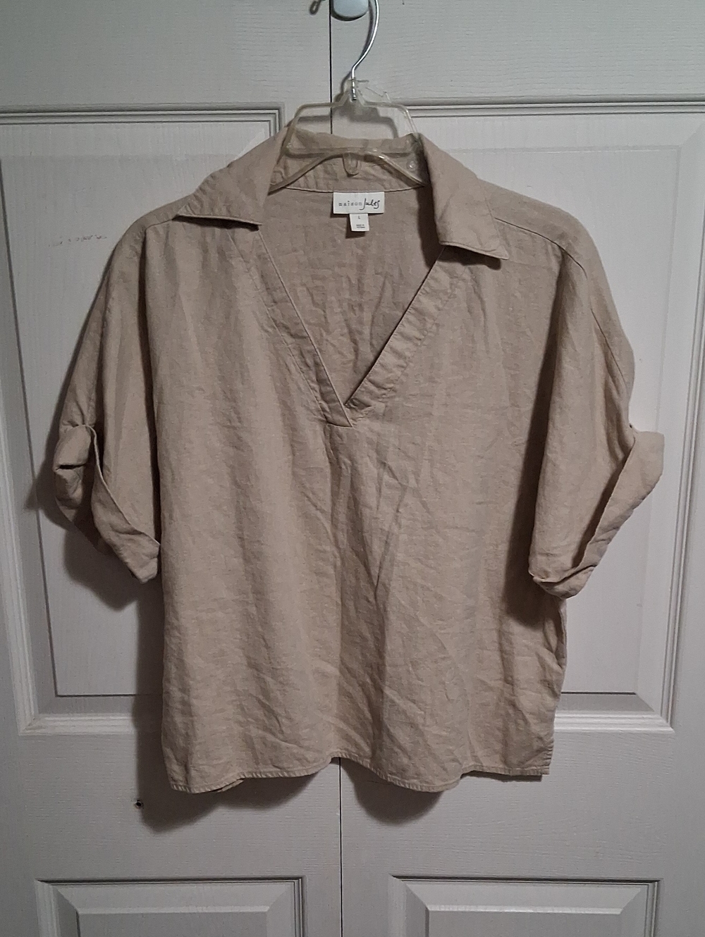 Maison Jules V-Neck Collared Blouse - Beige Tan Oatmeal - Linen Blend - L